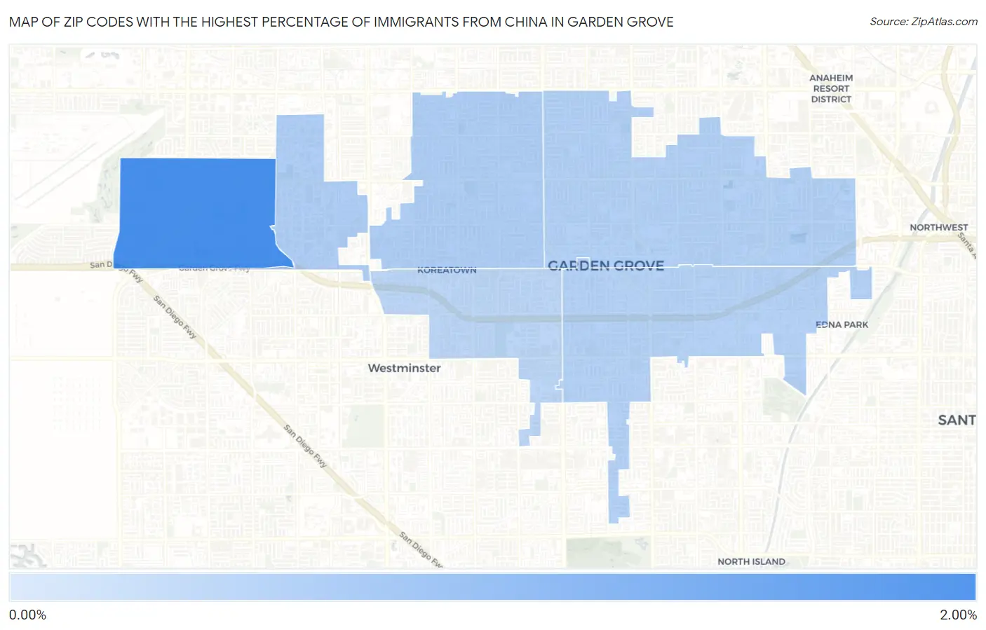 Zip Codes with the Highest Percentage of Immigrants from China in Garden Grove Map