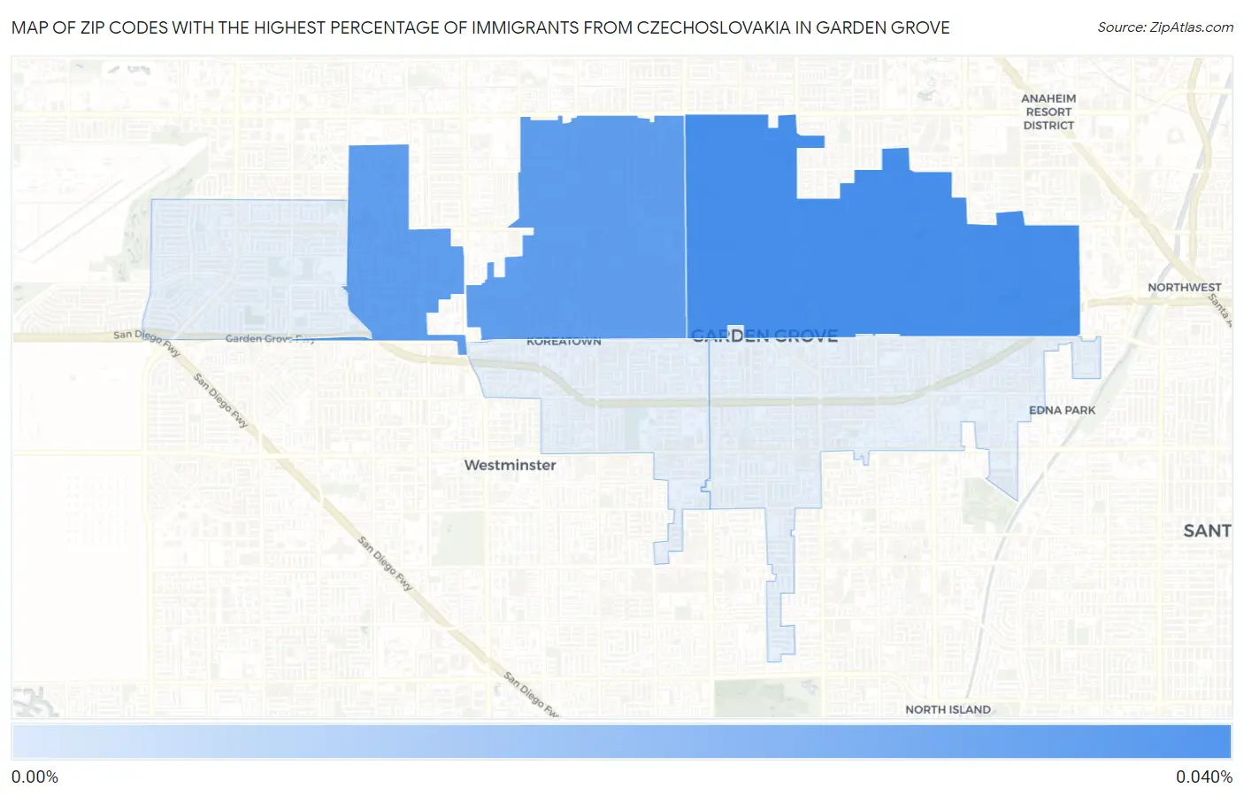 Zip Codes with the Highest Percentage of Immigrants from Czechoslovakia in Garden Grove Map