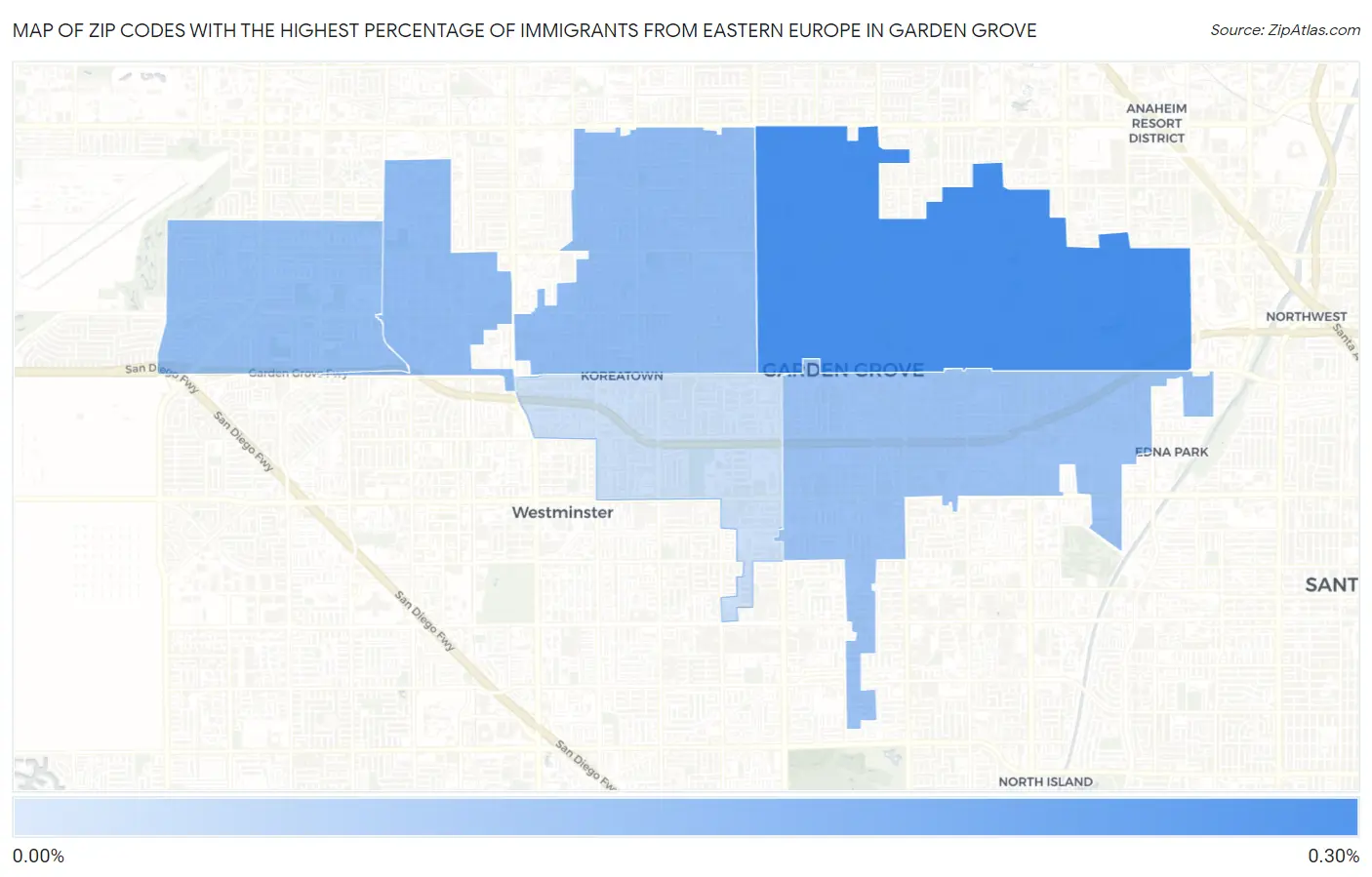 Zip Codes with the Highest Percentage of Immigrants from Eastern Europe in Garden Grove Map