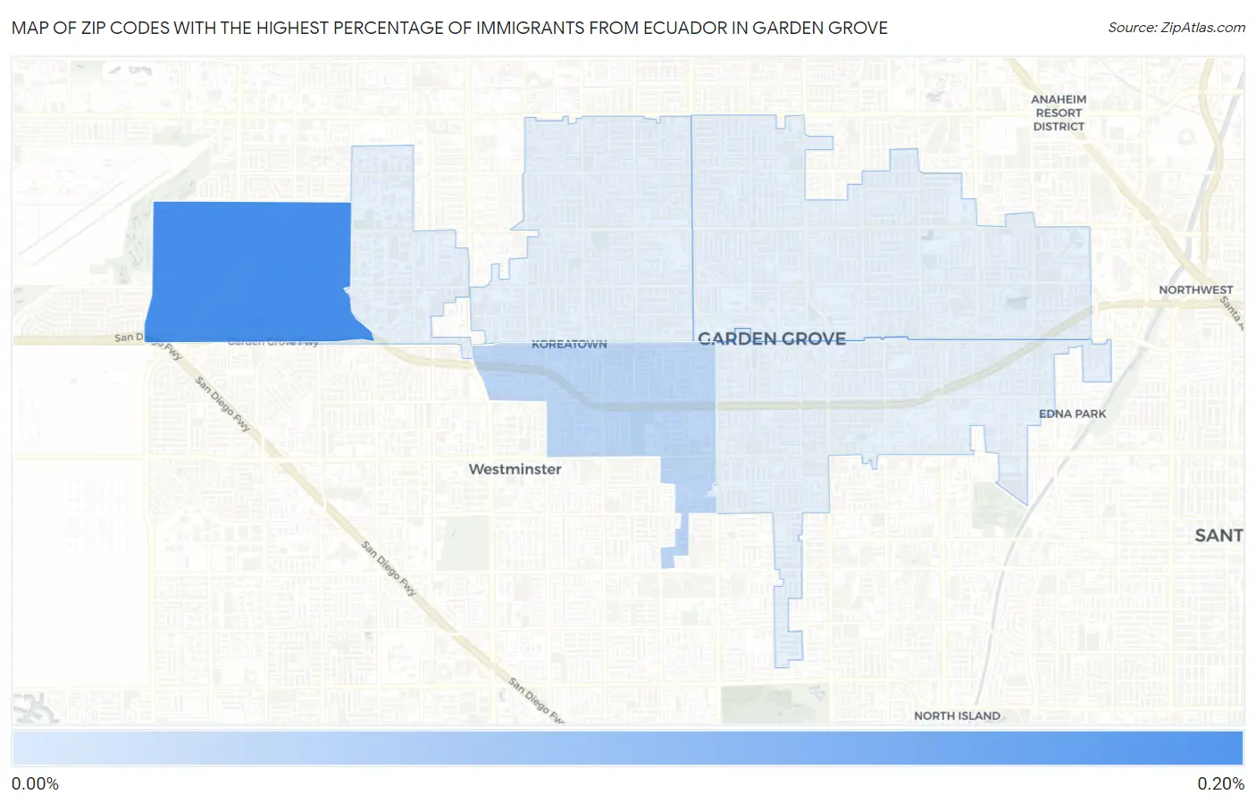 Zip Codes with the Highest Percentage of Immigrants from Ecuador in Garden Grove Map