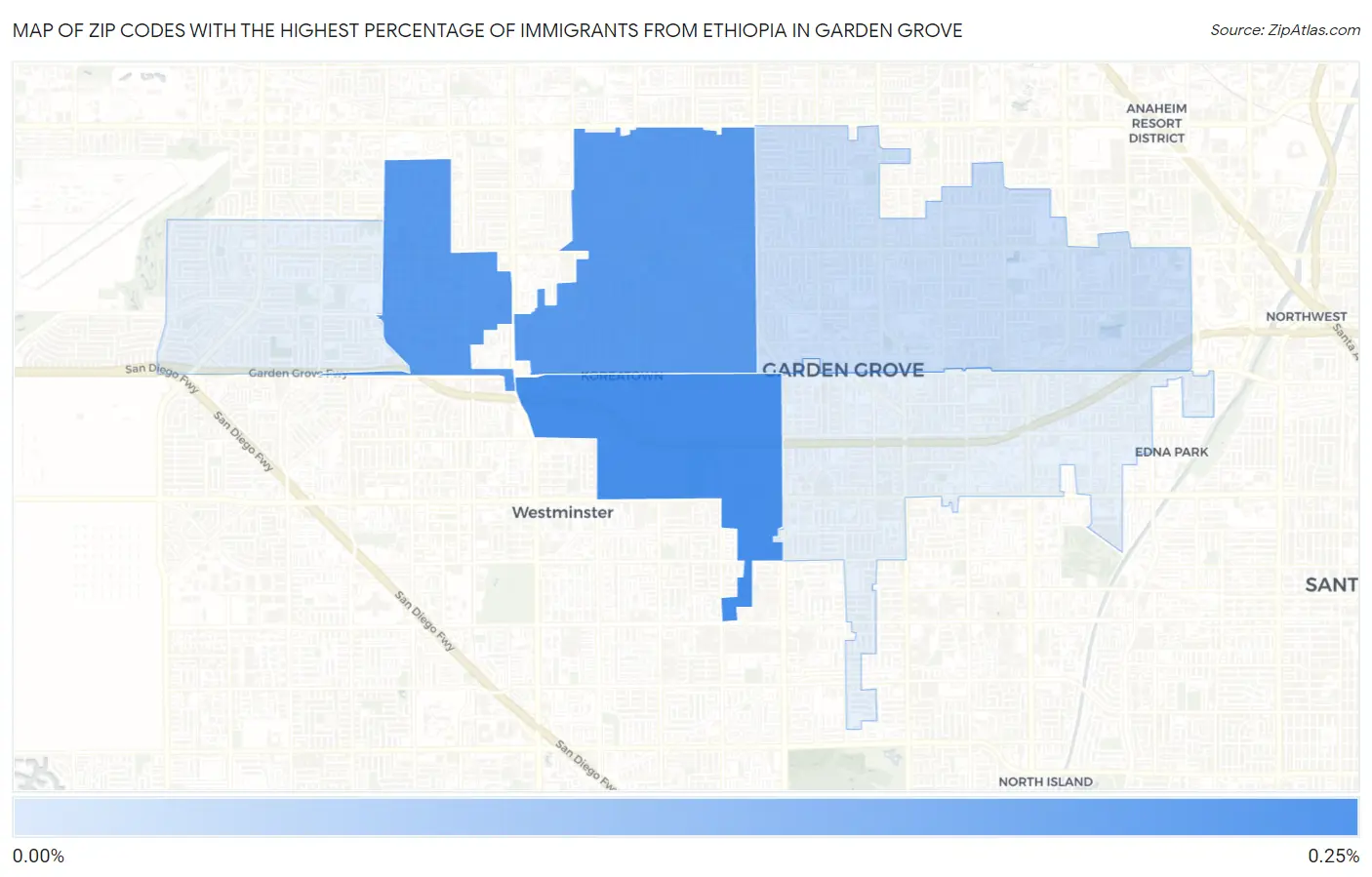 Zip Codes with the Highest Percentage of Immigrants from Ethiopia in Garden Grove Map