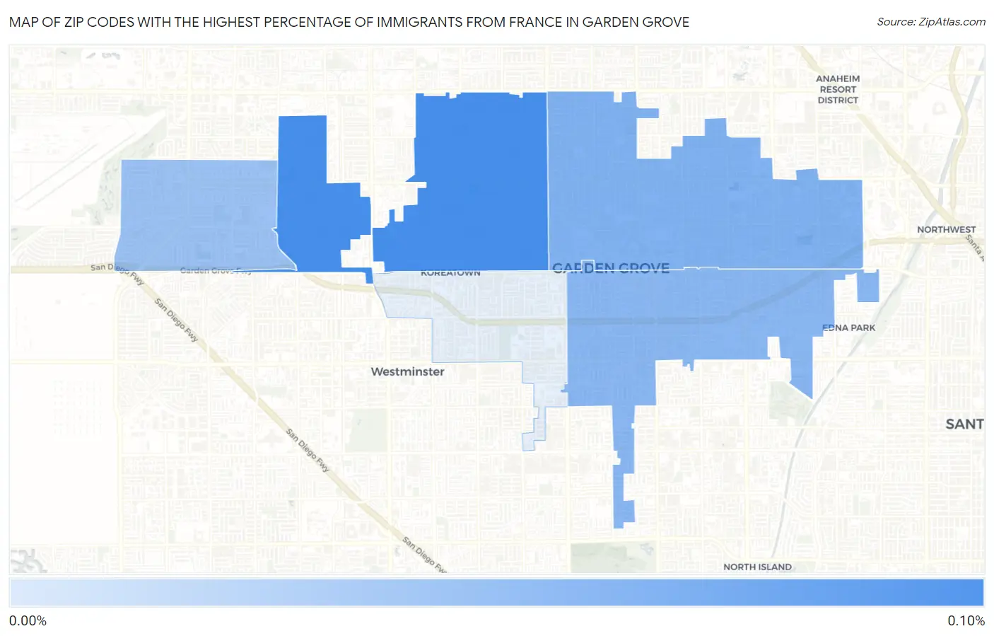 Zip Codes with the Highest Percentage of Immigrants from France in Garden Grove Map