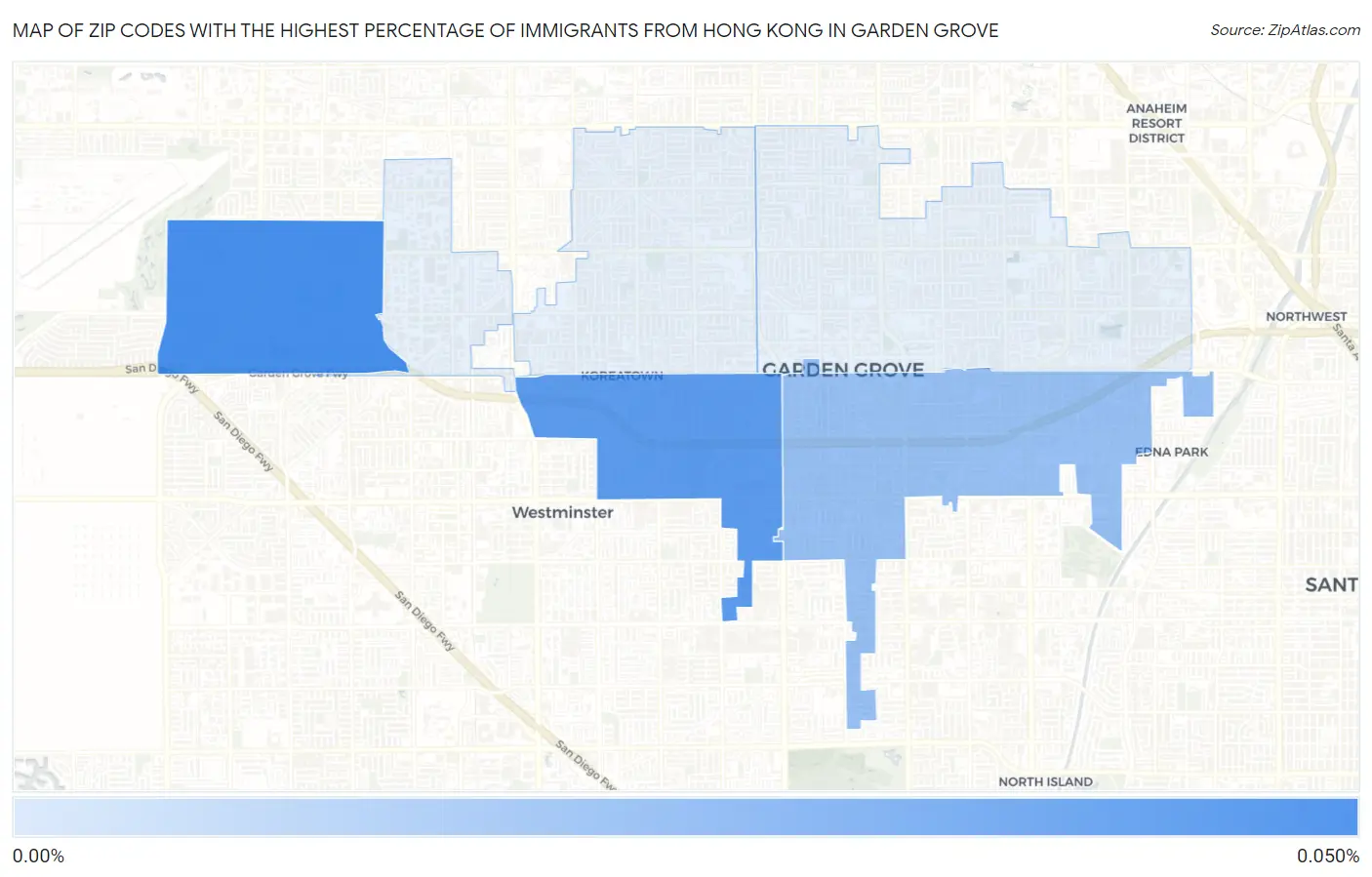 Zip Codes with the Highest Percentage of Immigrants from Hong Kong in Garden Grove Map