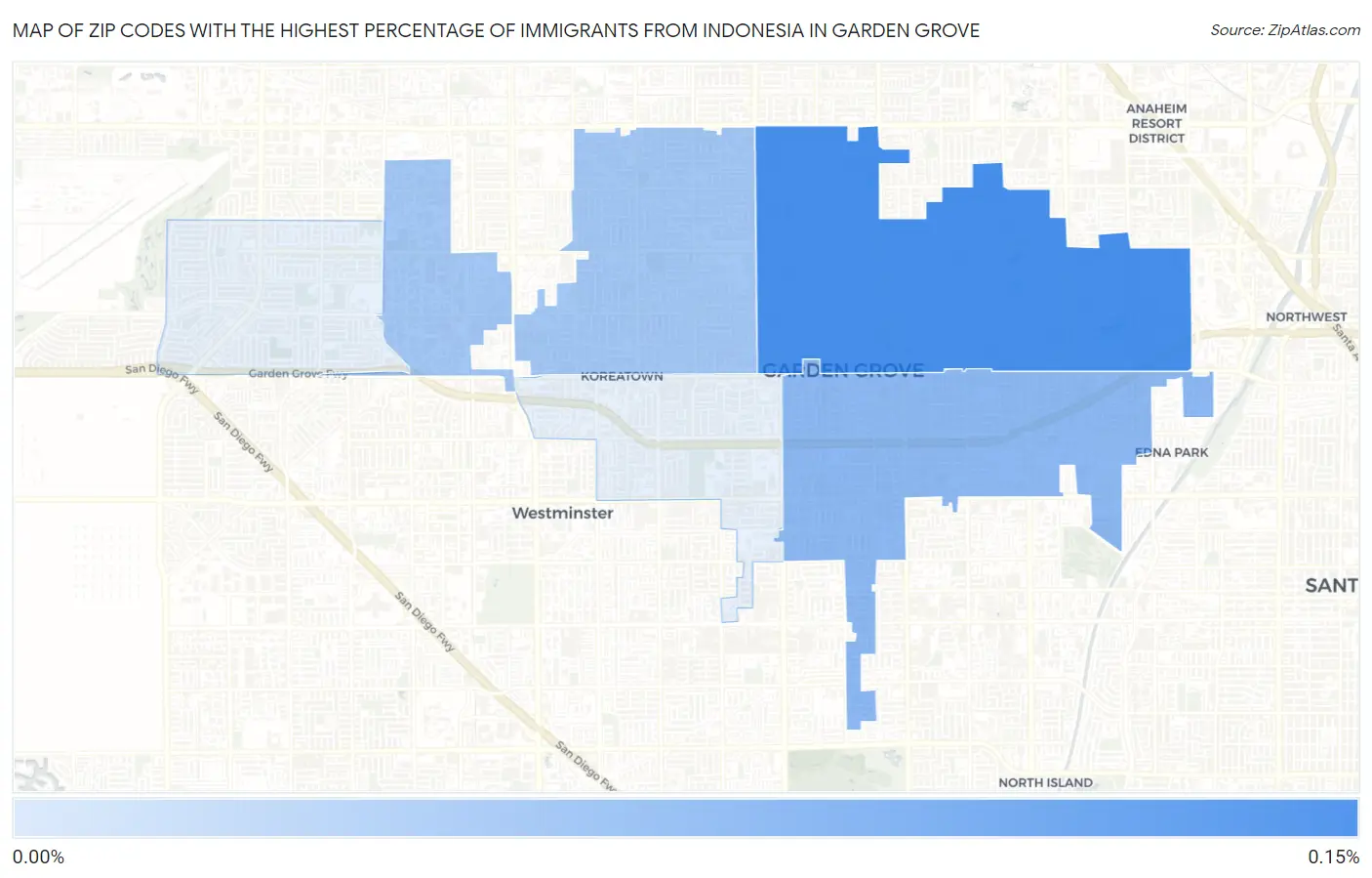 Zip Codes with the Highest Percentage of Immigrants from Indonesia in Garden Grove Map