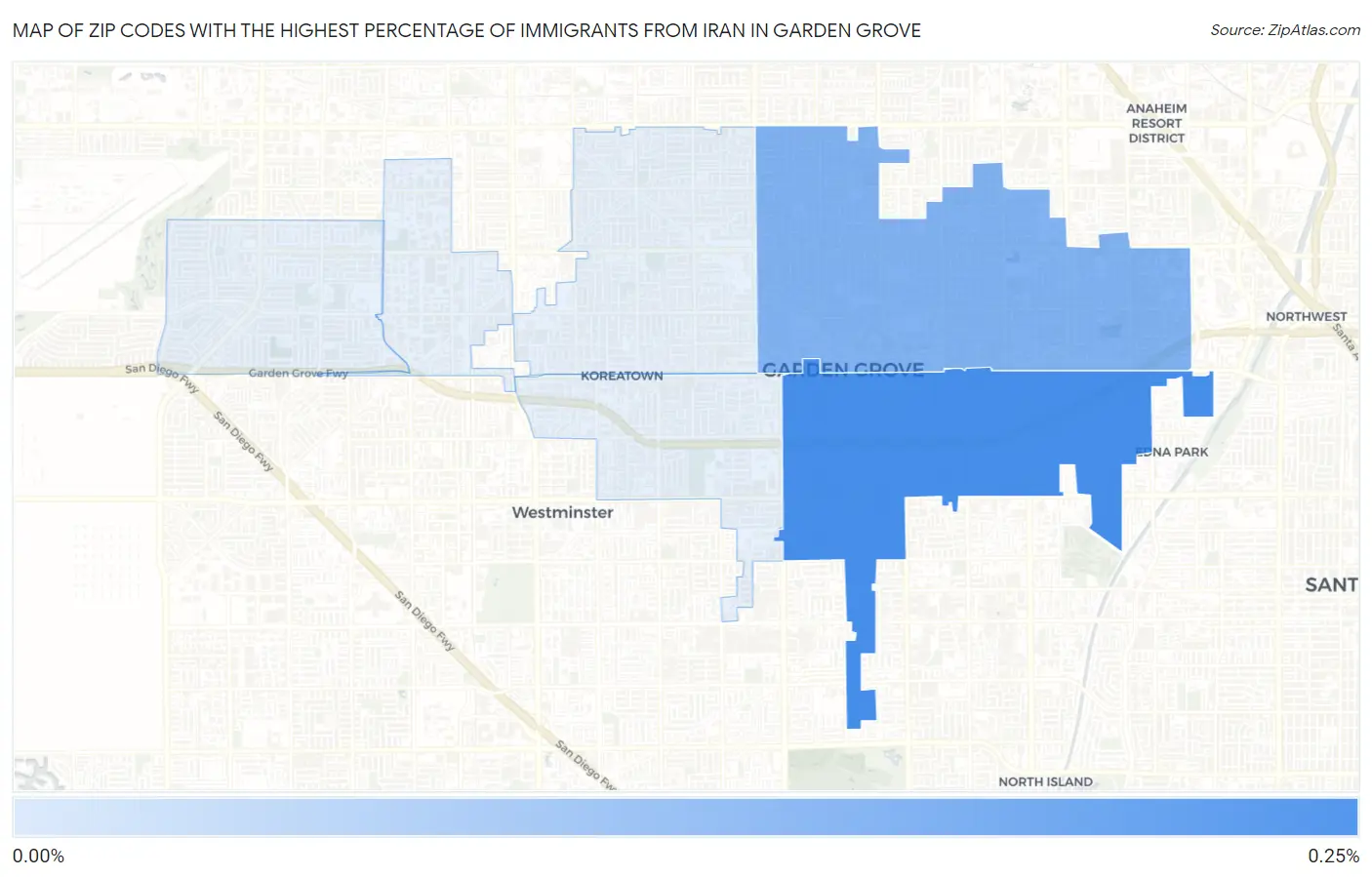 Zip Codes with the Highest Percentage of Immigrants from Iran in Garden Grove Map