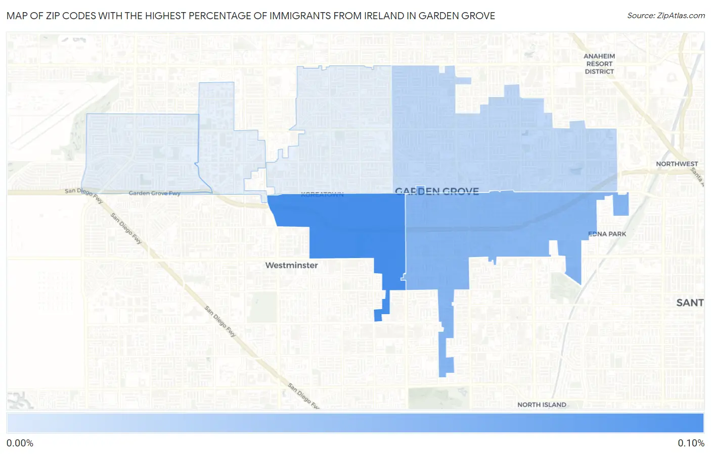 Zip Codes with the Highest Percentage of Immigrants from Ireland in Garden Grove Map