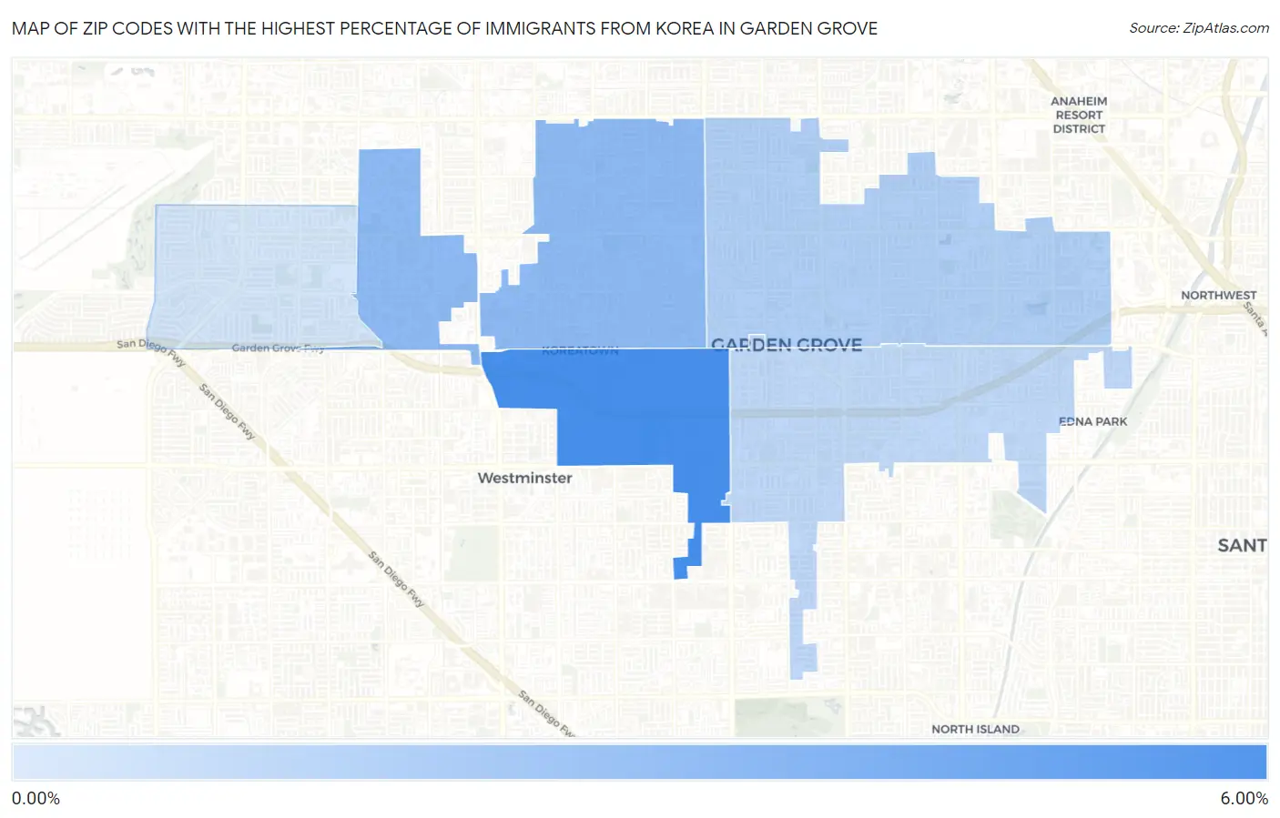 Zip Codes with the Highest Percentage of Immigrants from Korea in Garden Grove Map