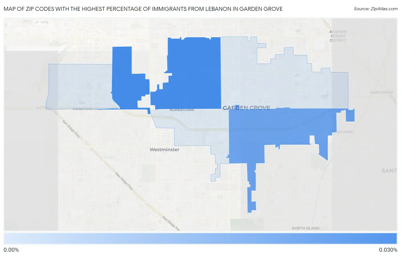Zip Codes with the Highest Percentage of Immigrants from Lebanon in Garden Grove Map
