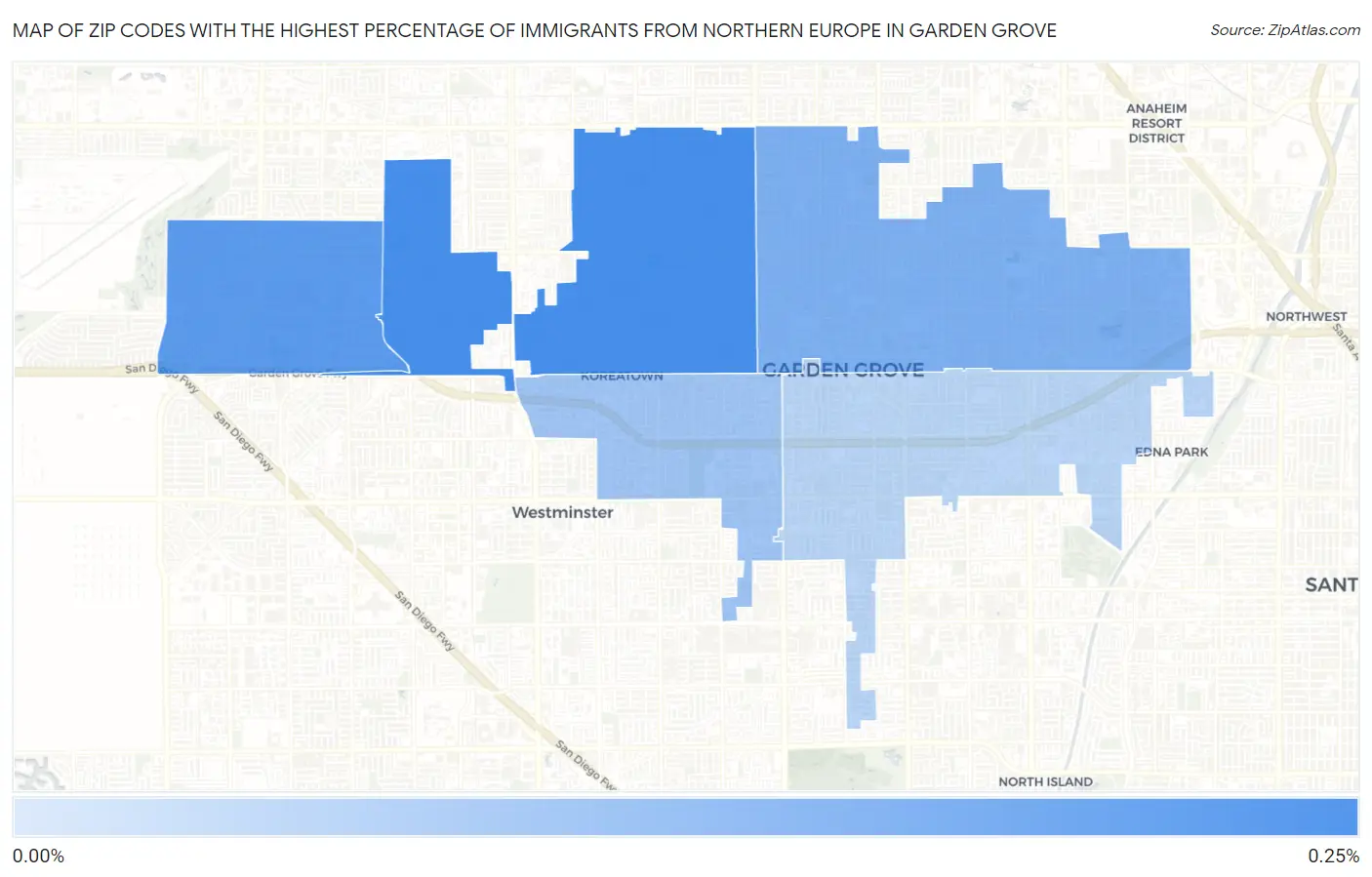 Zip Codes with the Highest Percentage of Immigrants from Northern Europe in Garden Grove Map