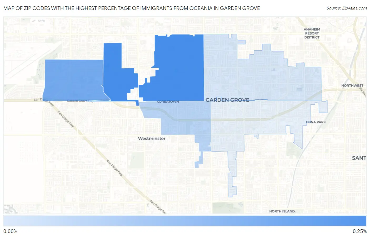Zip Codes with the Highest Percentage of Immigrants from Oceania in Garden Grove Map