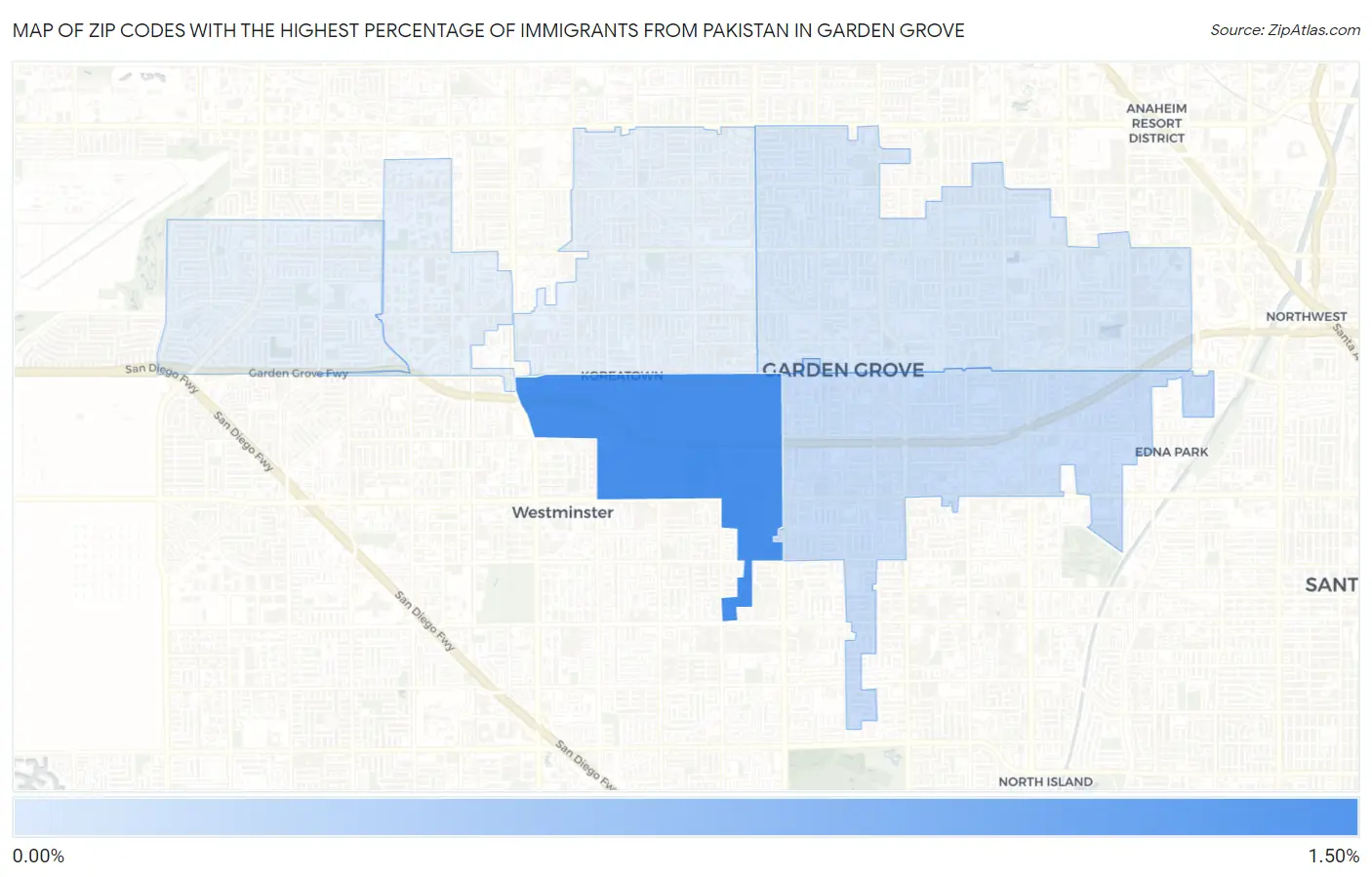 Zip Codes with the Highest Percentage of Immigrants from Pakistan in Garden Grove Map