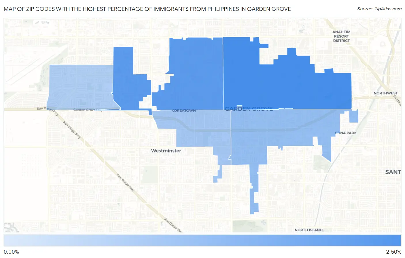 Zip Codes with the Highest Percentage of Immigrants from Philippines in Garden Grove Map