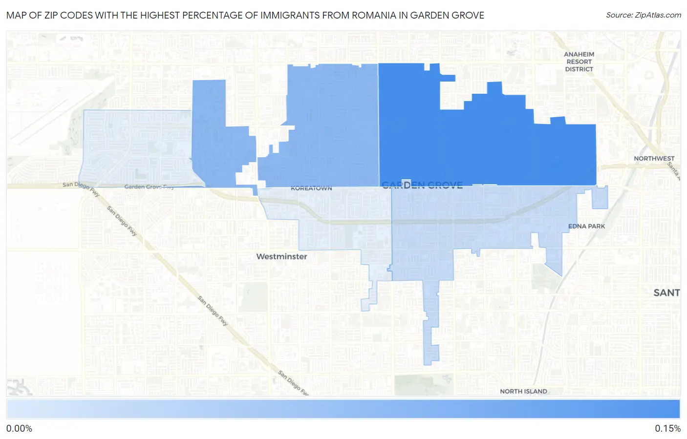 Zip Codes with the Highest Percentage of Immigrants from Romania in Garden Grove Map