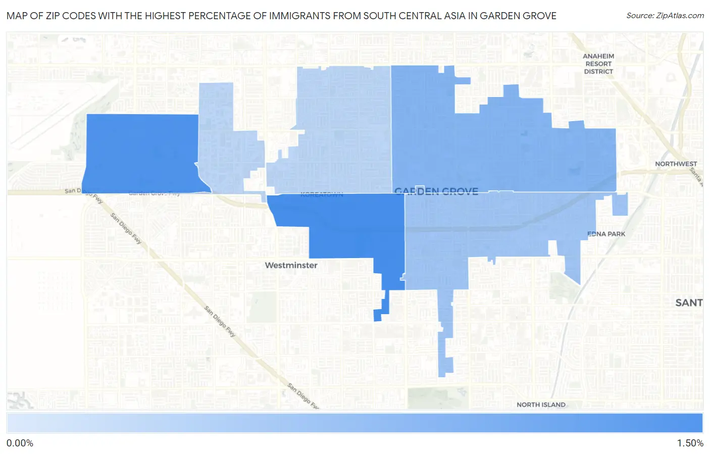 Zip Codes with the Highest Percentage of Immigrants from South Central Asia in Garden Grove Map