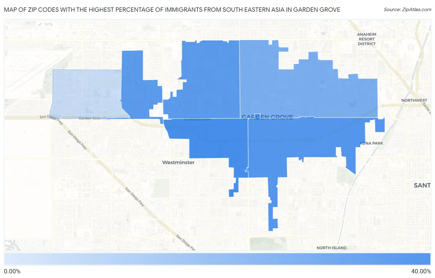 Zip Codes with the Highest Percentage of Immigrants from South Eastern Asia in Garden Grove Map