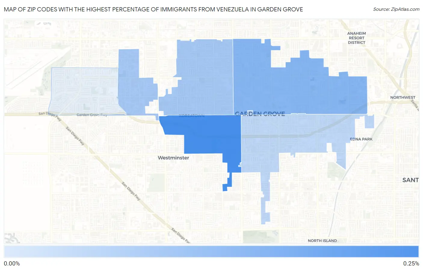 Zip Codes with the Highest Percentage of Immigrants from Venezuela in Garden Grove Map