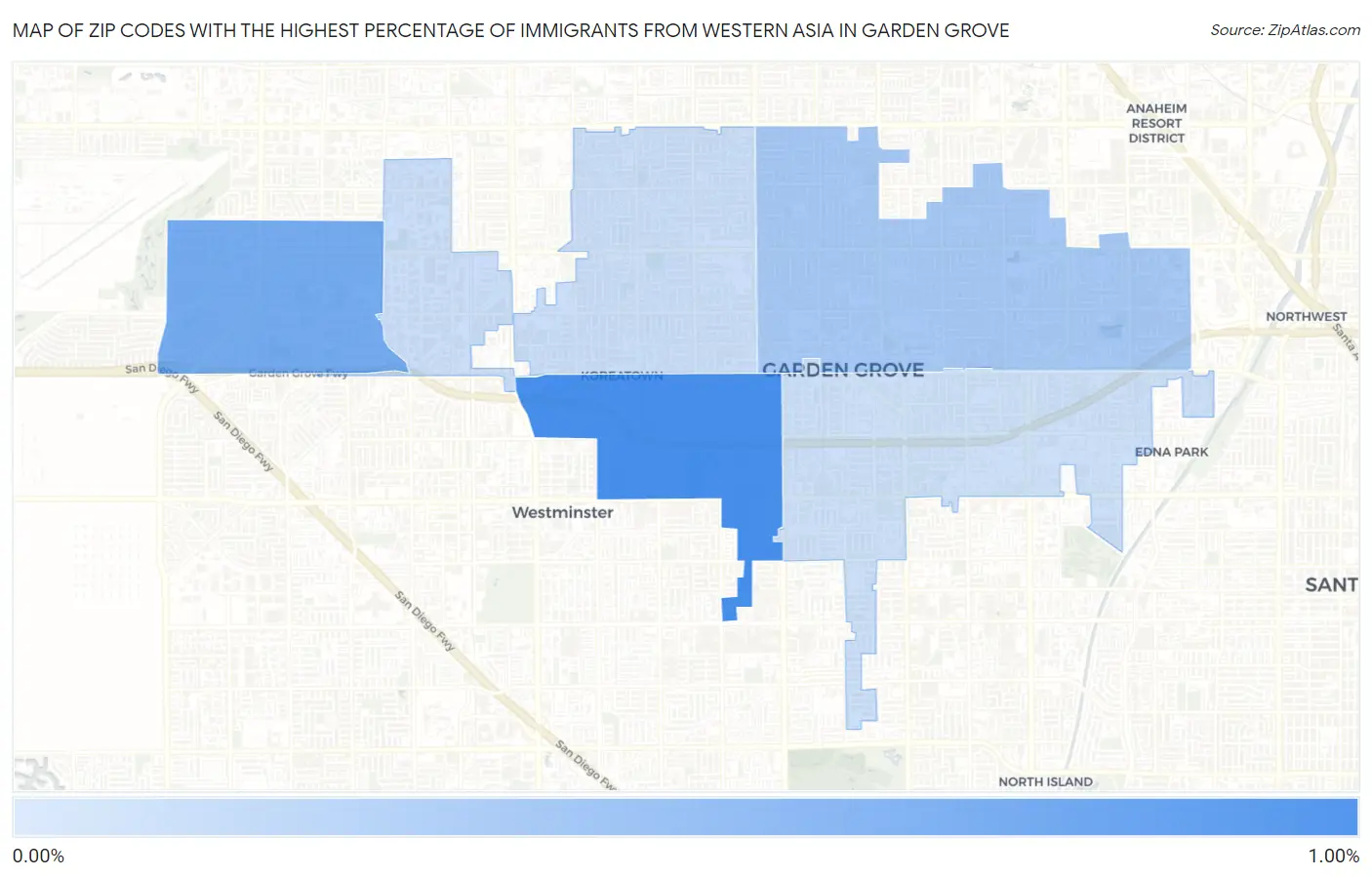Zip Codes with the Highest Percentage of Immigrants from Western Asia in Garden Grove Map
