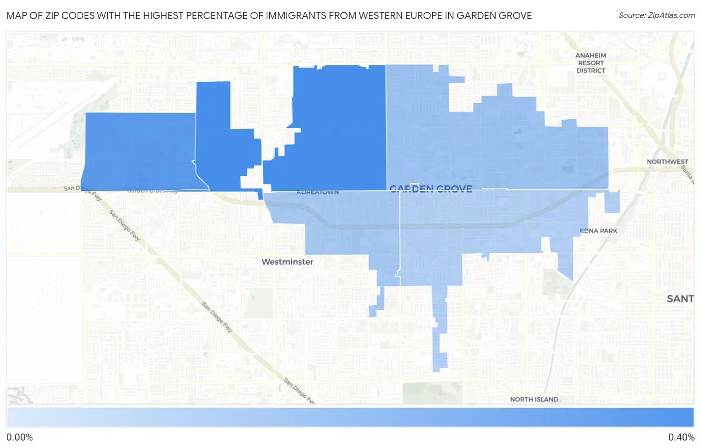 Zip Codes with the Highest Percentage of Immigrants from Western Europe in Garden Grove Map
