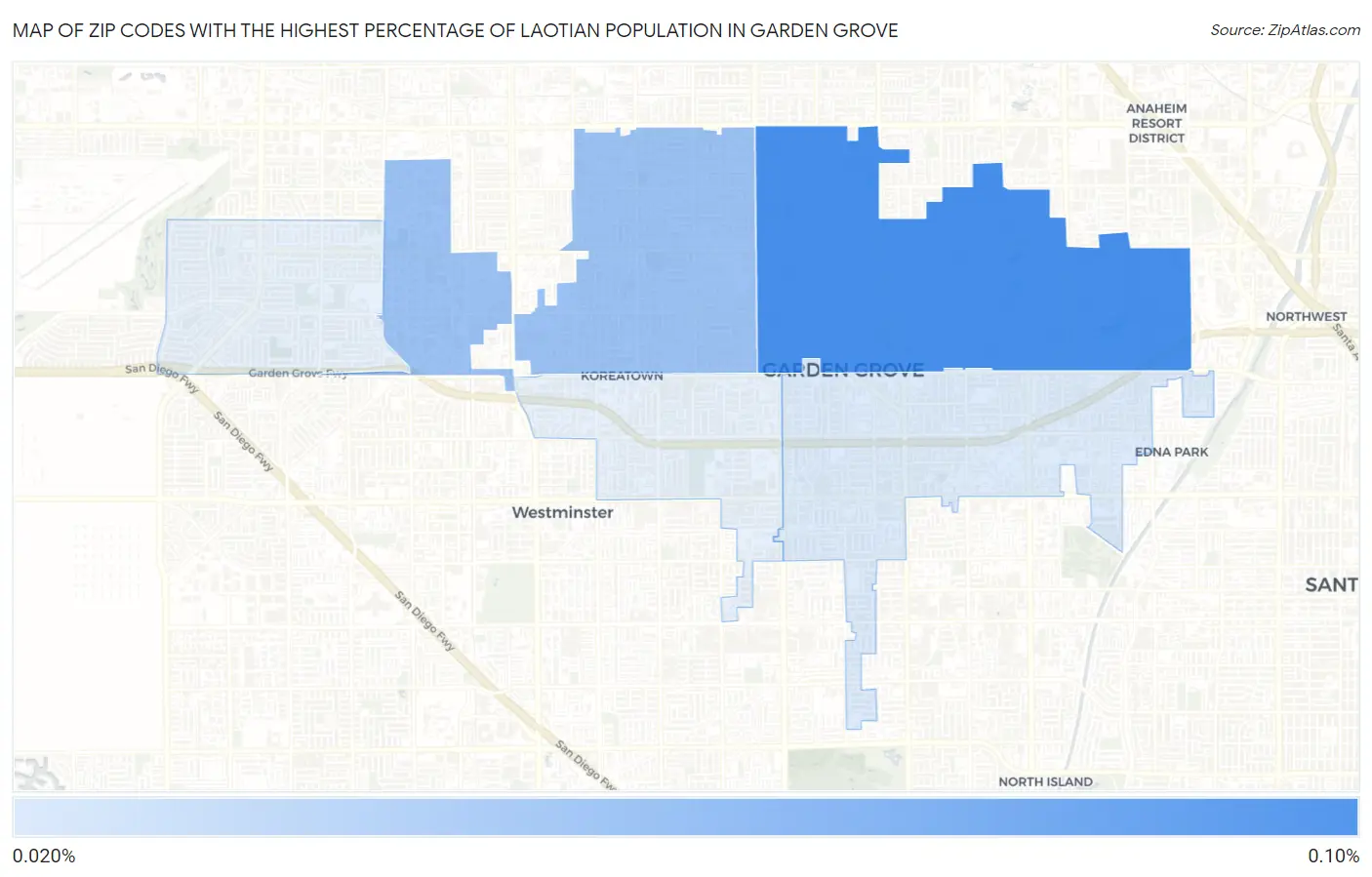 Zip Codes with the Highest Percentage of Laotian Population in Garden Grove Map