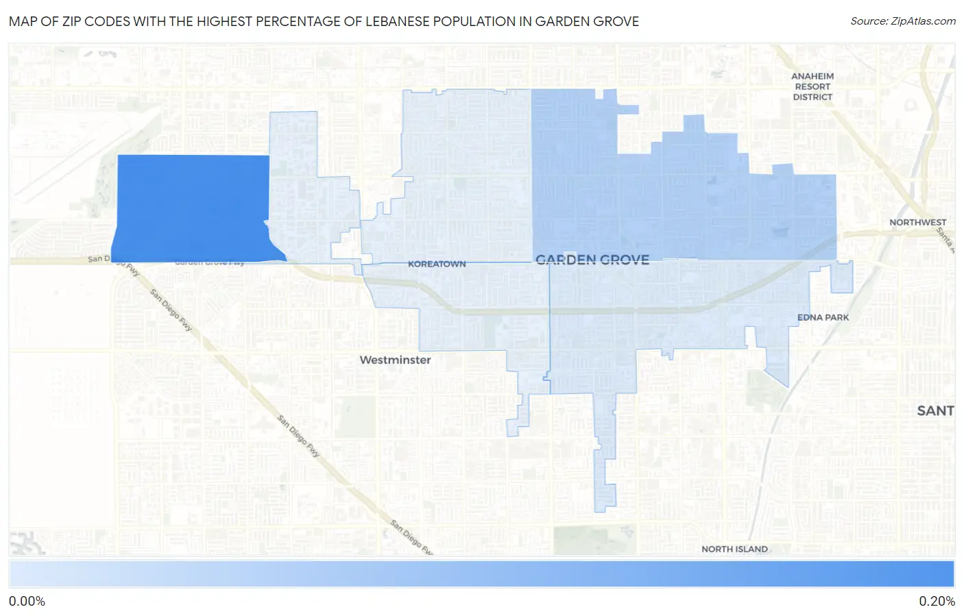 Zip Codes with the Highest Percentage of Lebanese Population in Garden Grove Map