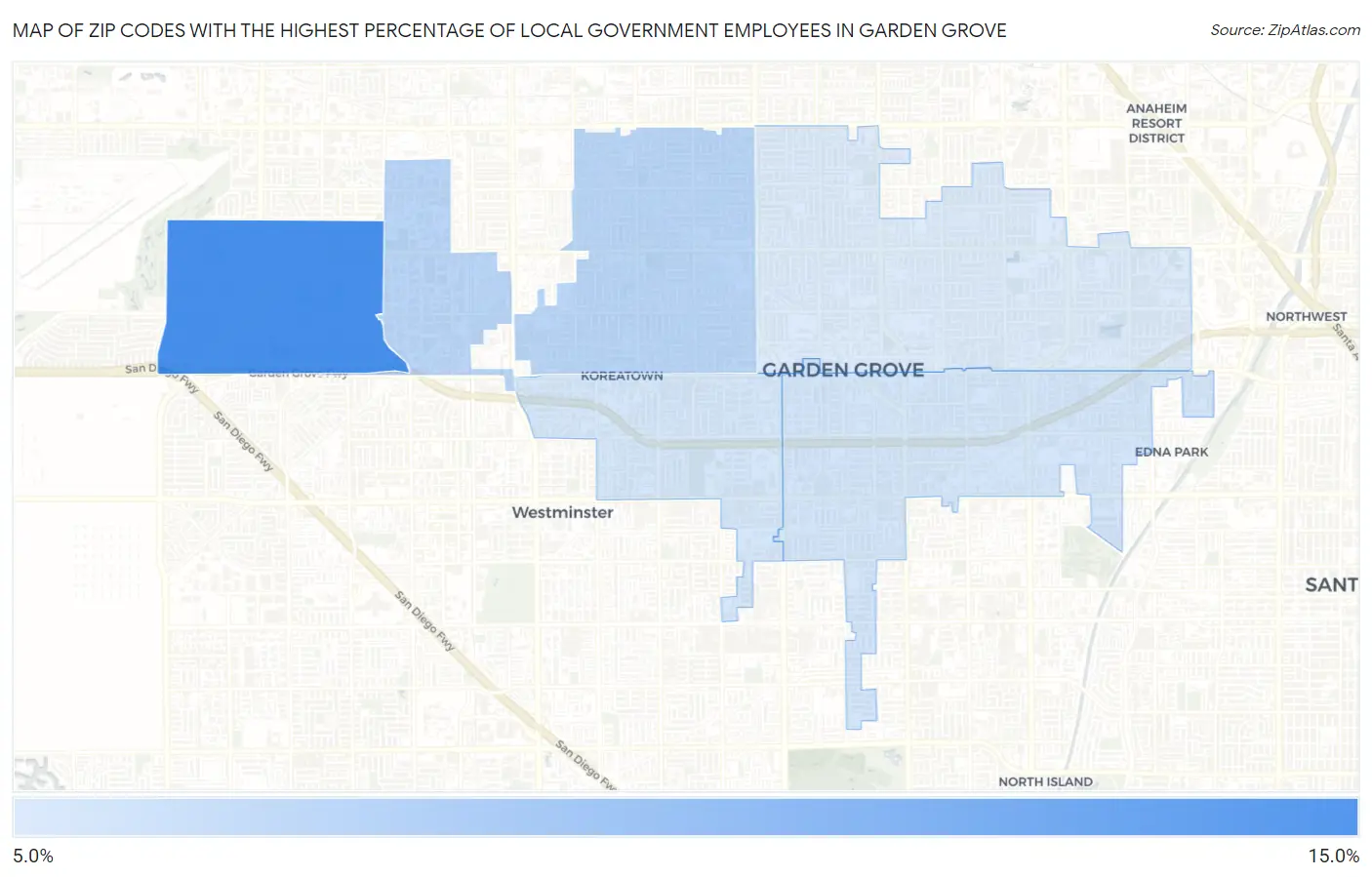Zip Codes with the Highest Percentage of Local Government Employees in Garden Grove Map