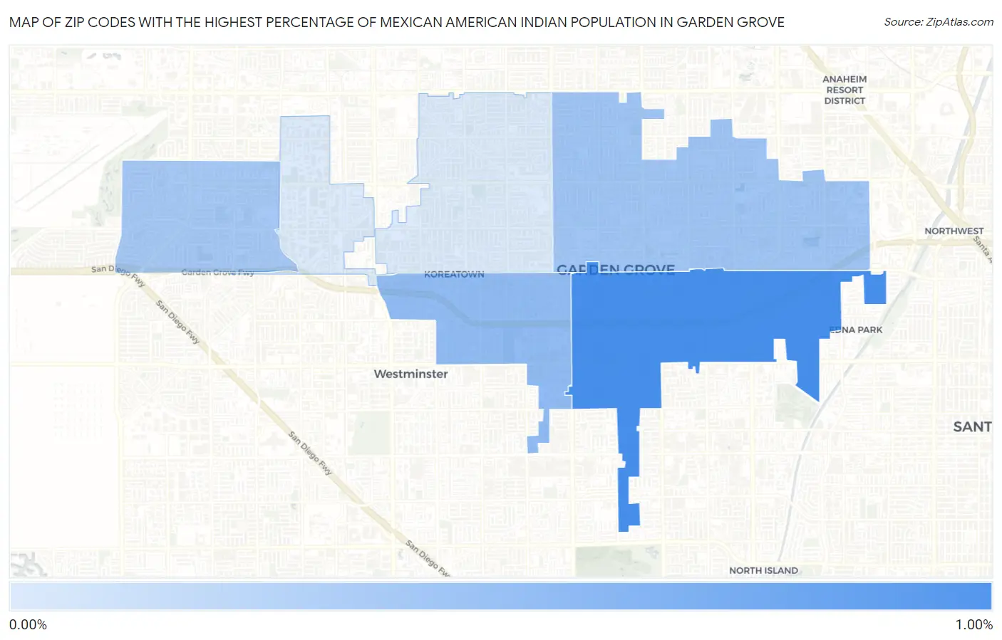 Zip Codes with the Highest Percentage of Mexican American Indian Population in Garden Grove Map