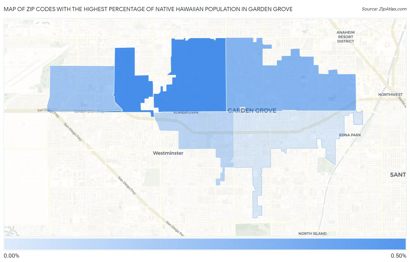Zip Codes with the Highest Percentage of Native Hawaiian Population in Garden Grove Map