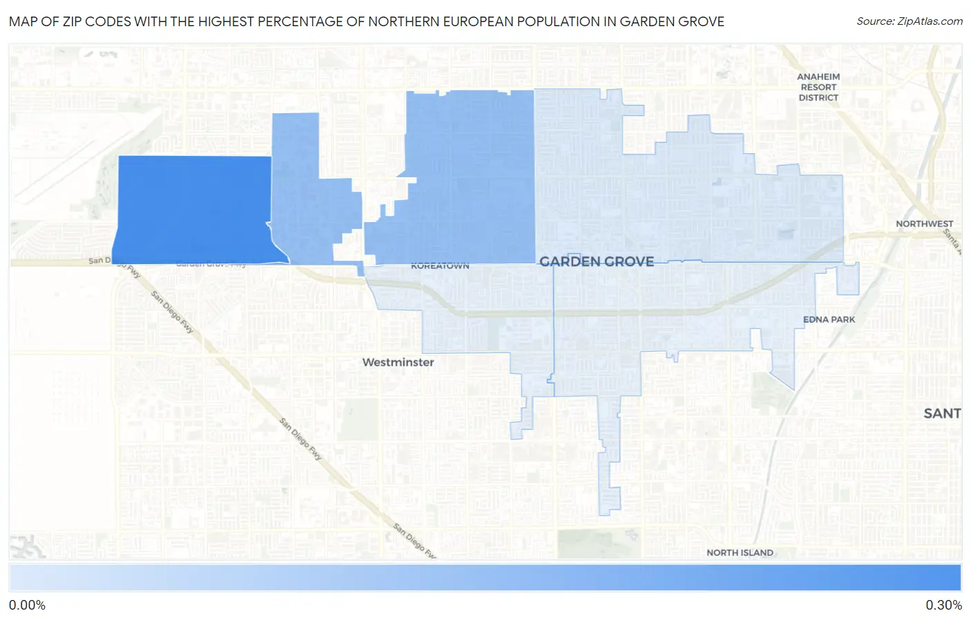 Zip Codes with the Highest Percentage of Northern European Population in Garden Grove Map