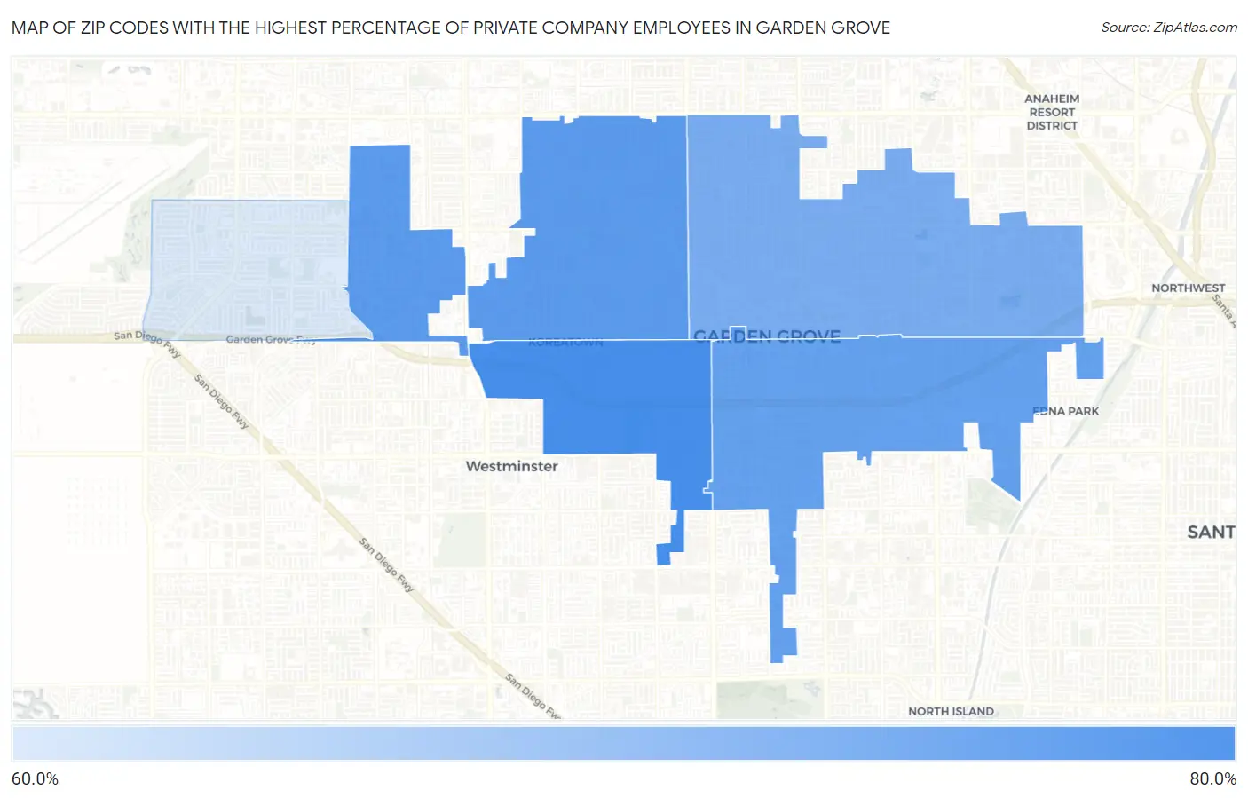 Zip Codes with the Highest Percentage of Private Company Employees in Garden Grove Map