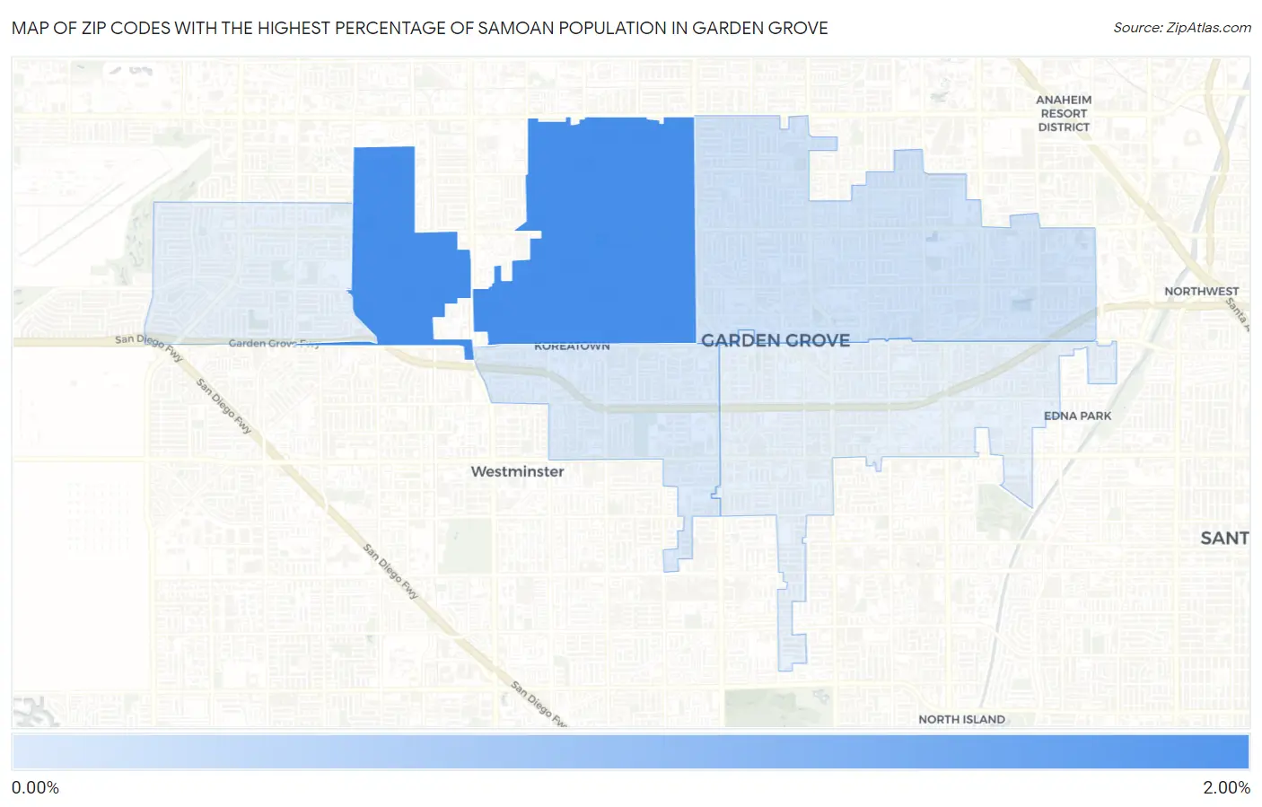 Zip Codes with the Highest Percentage of Samoan Population in Garden Grove Map