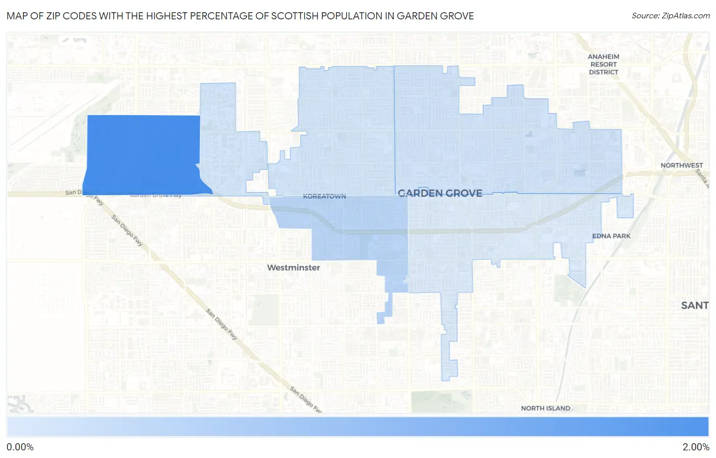 Zip Codes with the Highest Percentage of Scottish Population in Garden Grove Map