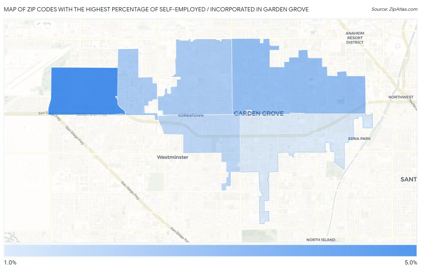 Zip Codes with the Highest Percentage of Self-Employed / Incorporated in Garden Grove Map
