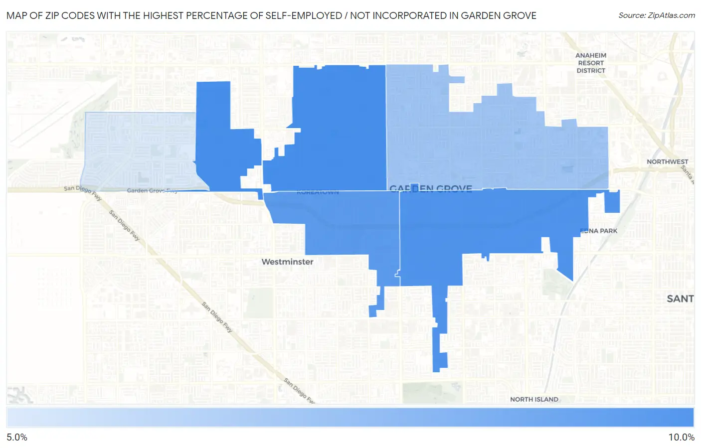 Zip Codes with the Highest Percentage of Self-Employed / Not Incorporated in Garden Grove Map