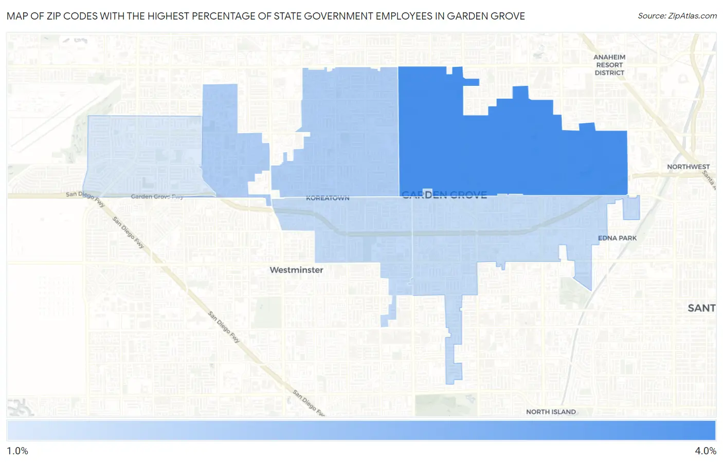 Zip Codes with the Highest Percentage of State Government Employees in Garden Grove Map