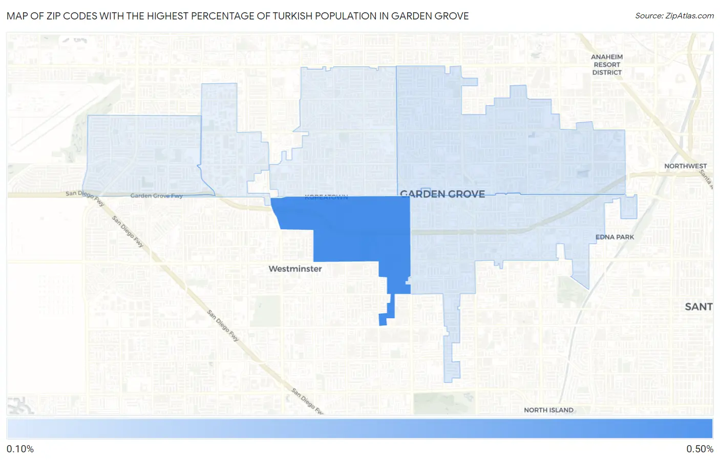 Zip Codes with the Highest Percentage of Turkish Population in Garden Grove Map
