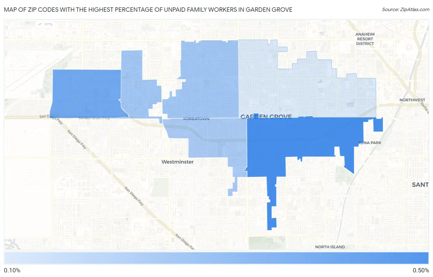 Zip Codes with the Highest Percentage of Unpaid Family Workers in Garden Grove Map