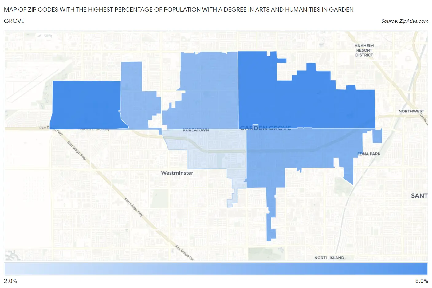 Zip Codes with the Highest Percentage of Population with a Degree in Arts and Humanities in Garden Grove Map
