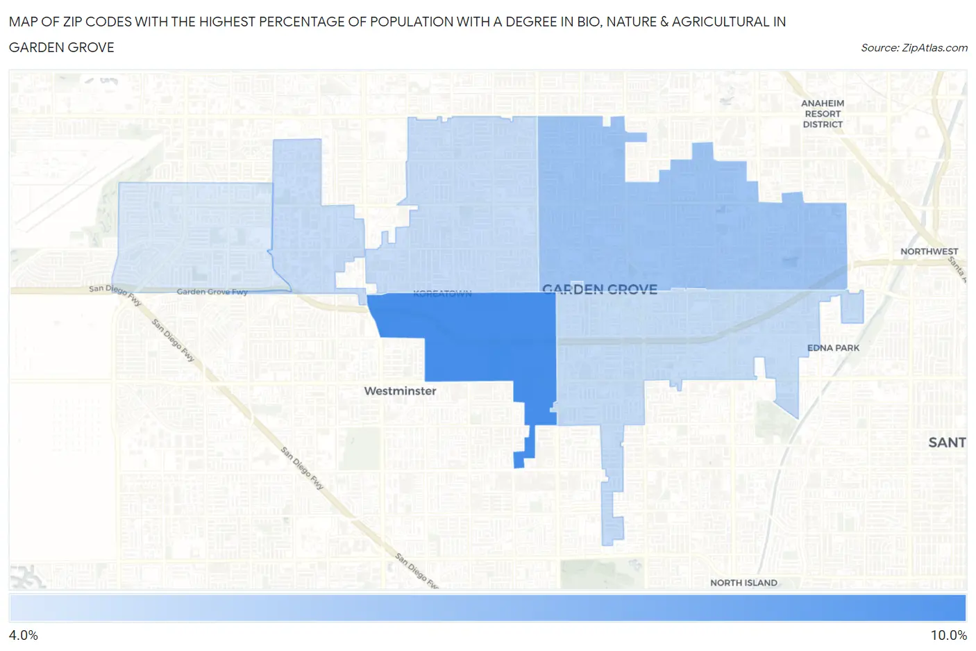 Zip Codes with the Highest Percentage of Population with a Degree in Bio, Nature & Agricultural in Garden Grove Map