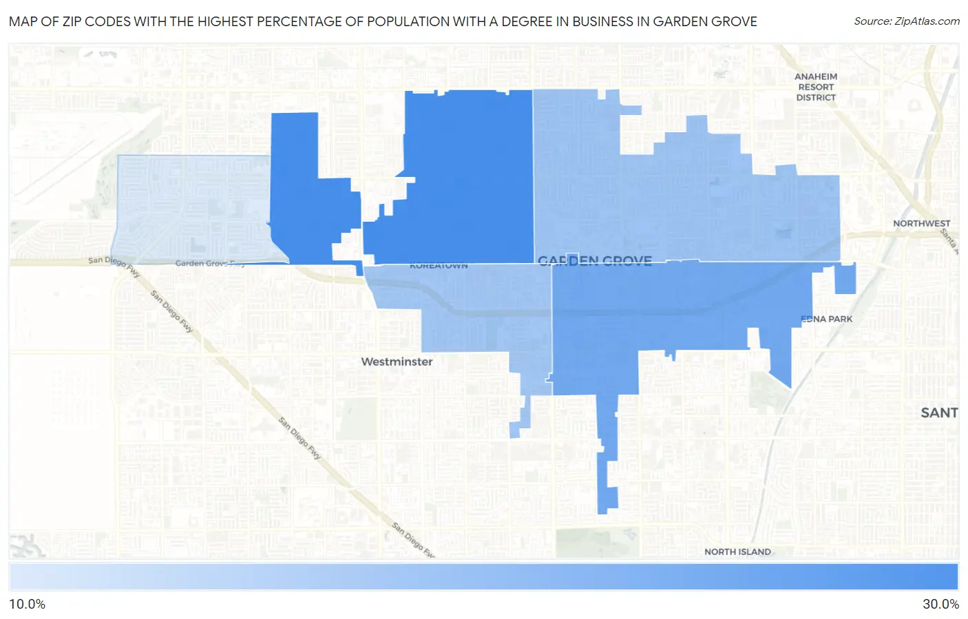 Zip Codes with the Highest Percentage of Population with a Degree in Business in Garden Grove Map
