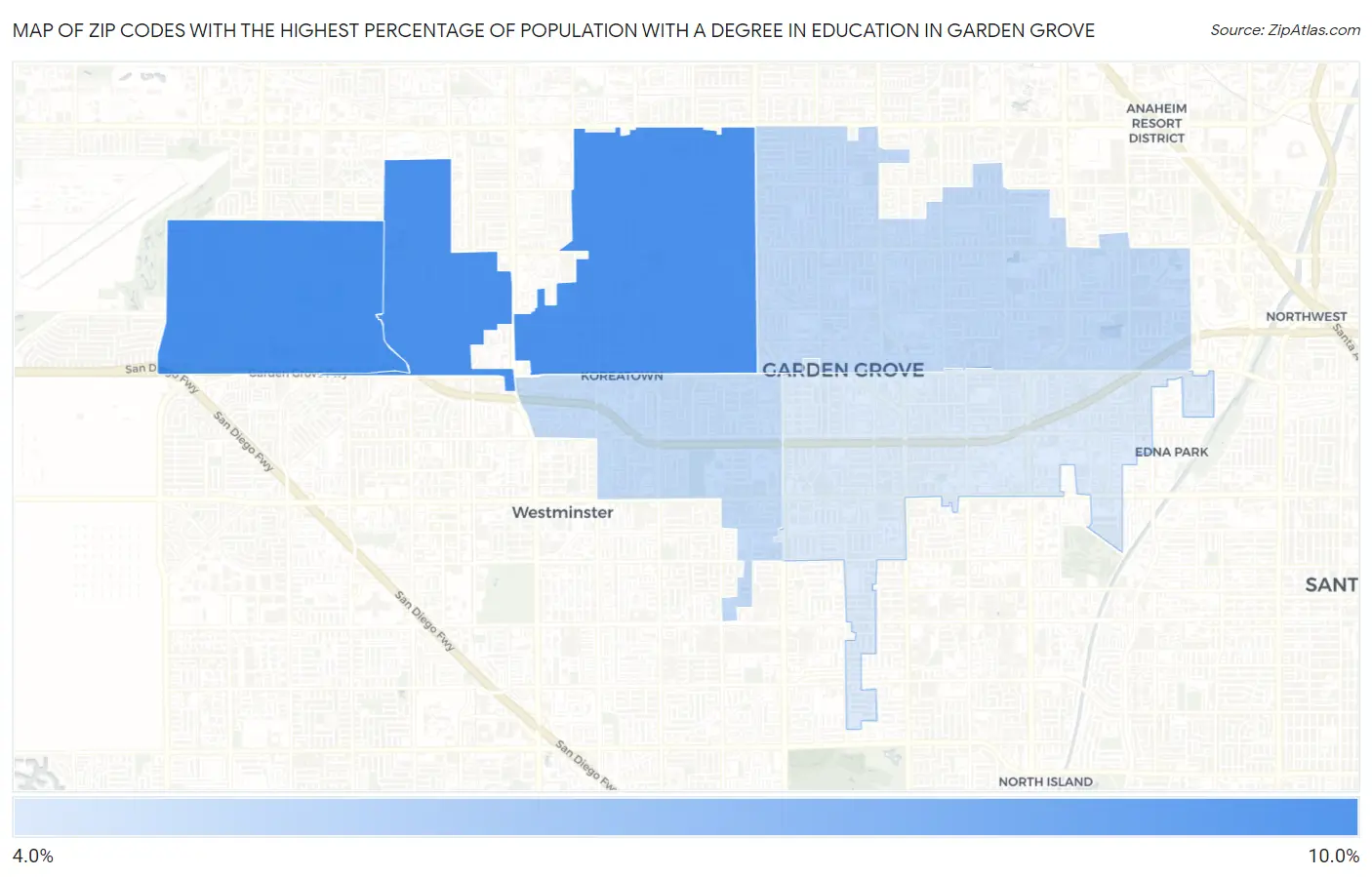 Zip Codes with the Highest Percentage of Population with a Degree in Education in Garden Grove Map