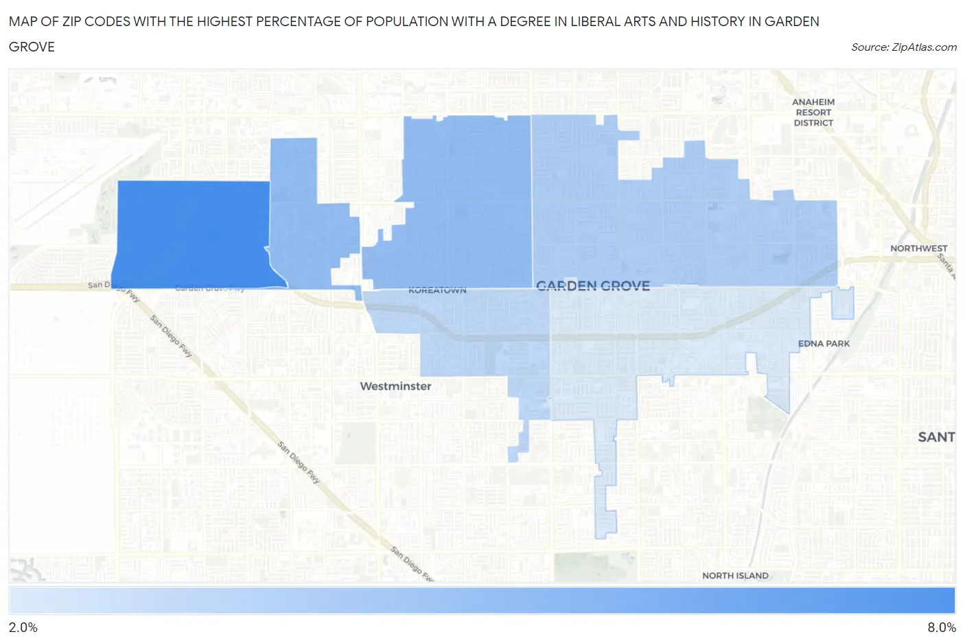 Zip Codes with the Highest Percentage of Population with a Degree in Liberal Arts and History in Garden Grove Map