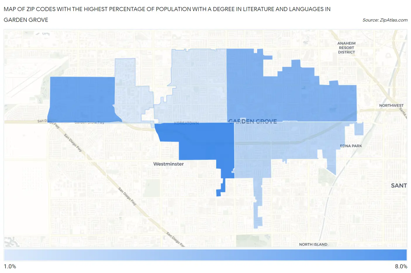 Zip Codes with the Highest Percentage of Population with a Degree in Literature and Languages in Garden Grove Map
