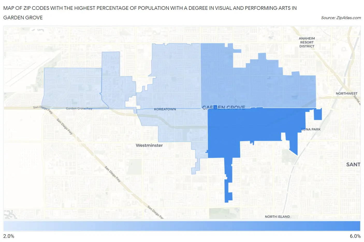 Zip Codes with the Highest Percentage of Population with a Degree in Visual and Performing Arts in Garden Grove Map