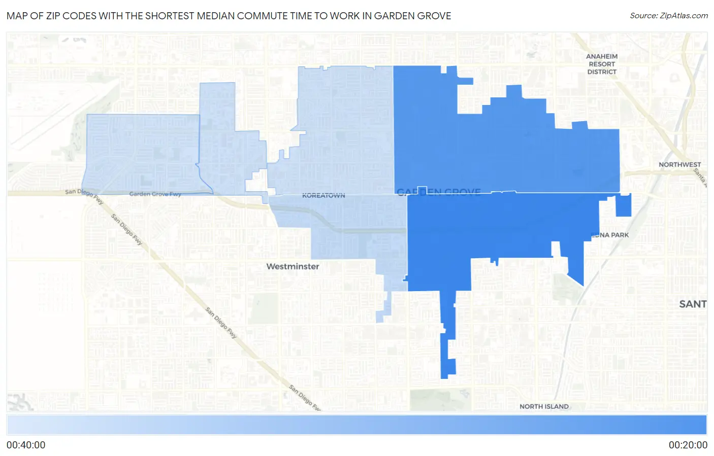 Zip Codes with the Shortest Median Commute Time to Work in Garden Grove Map