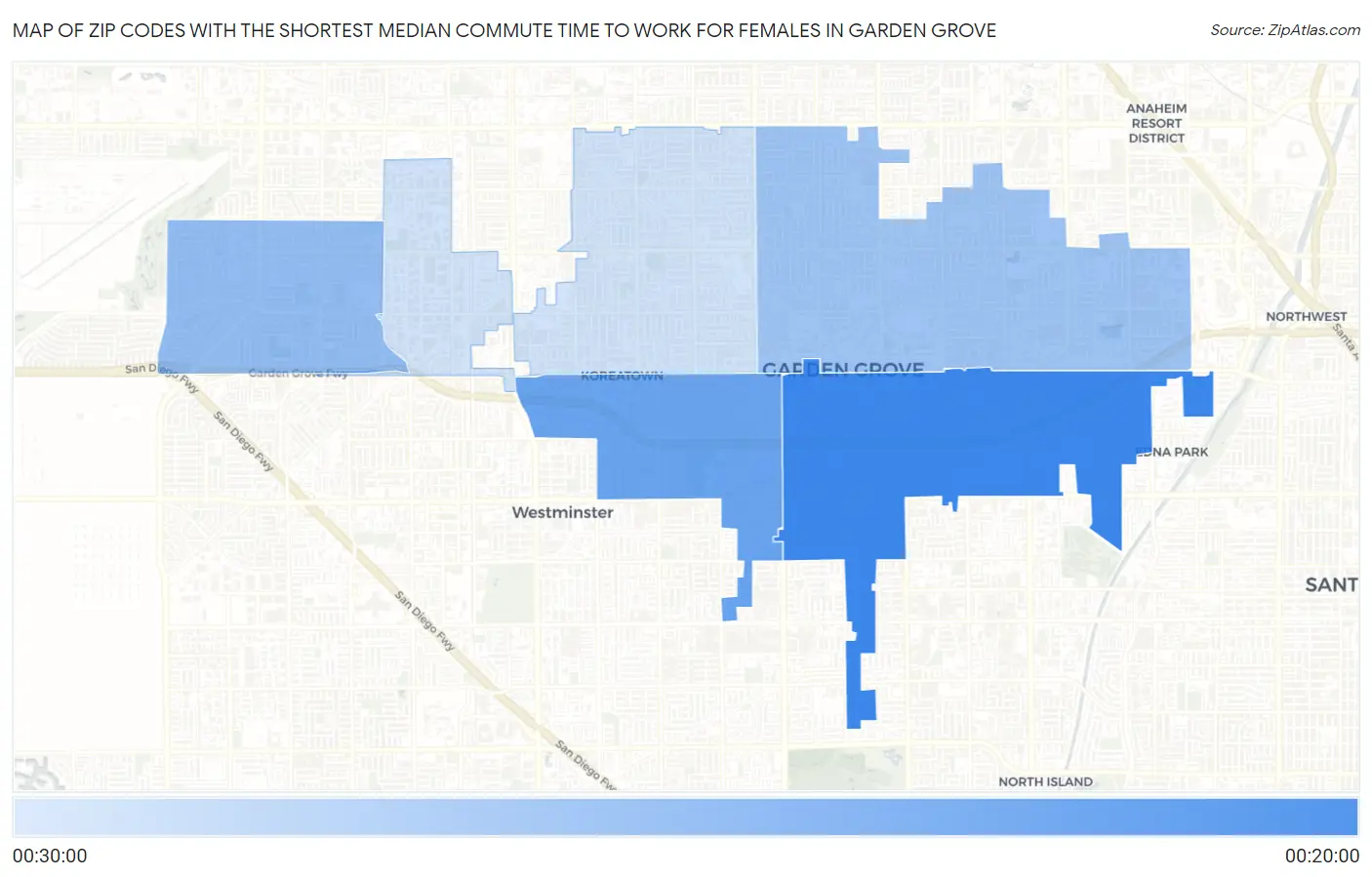 Zip Codes with the Shortest Median Commute Time to Work for Females in Garden Grove Map