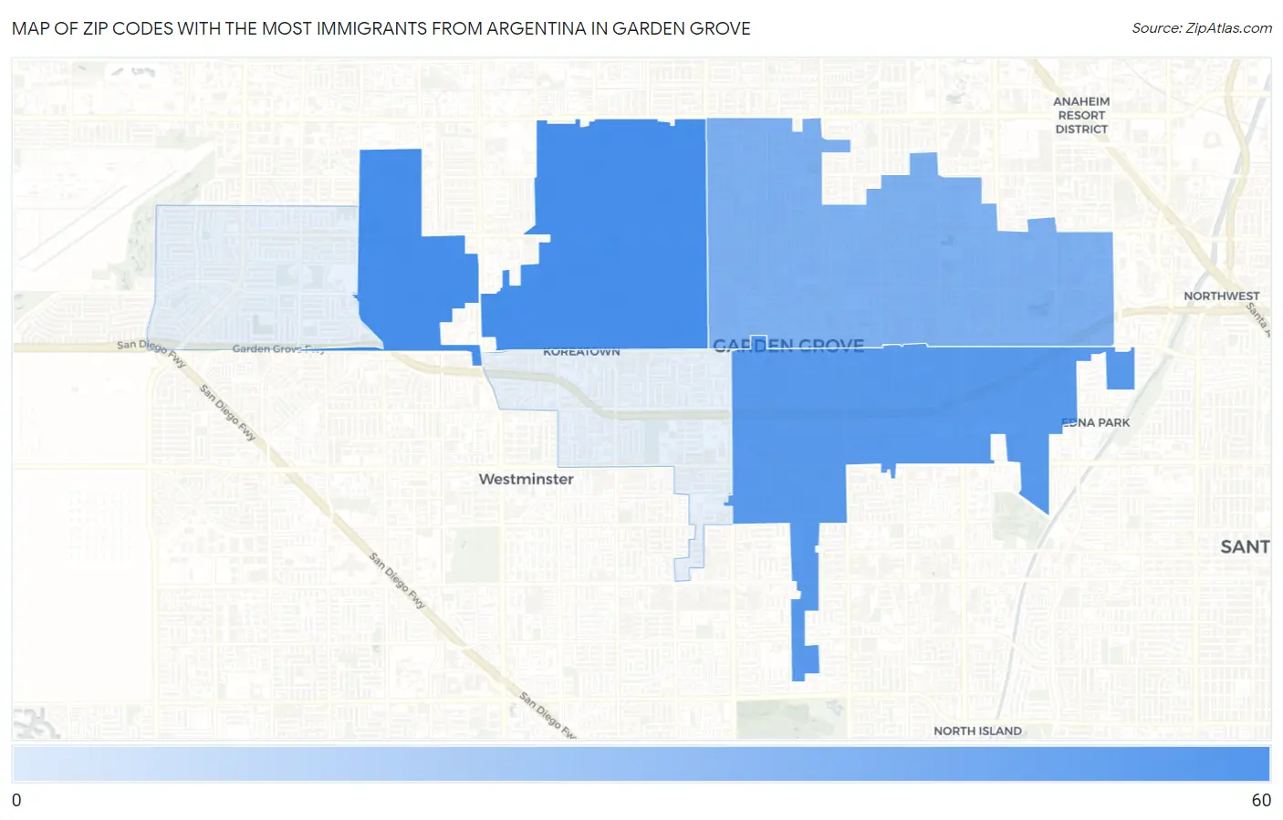 Zip Codes with the Most Immigrants from Argentina in Garden Grove Map