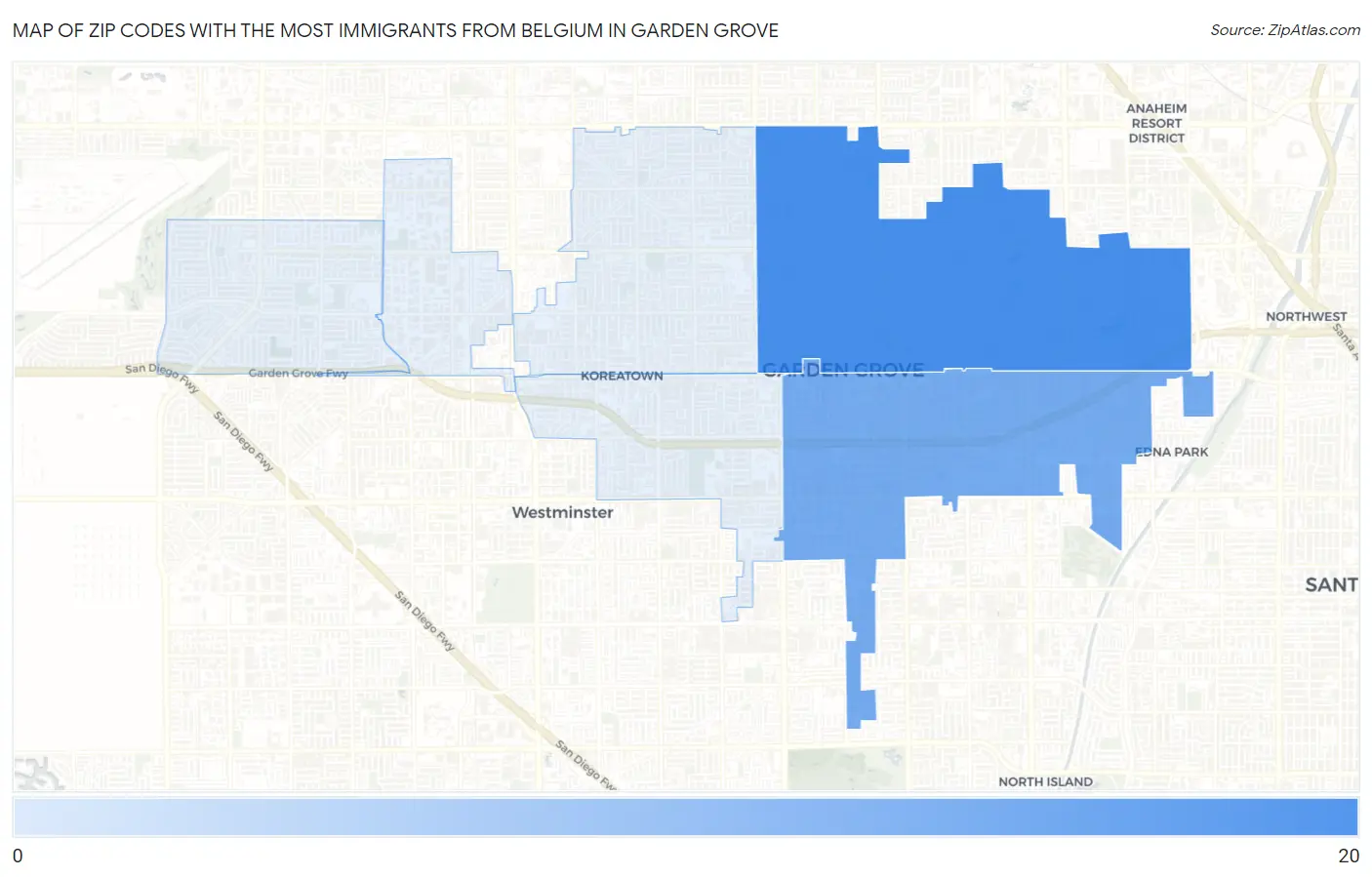 Zip Codes with the Most Immigrants from Belgium in Garden Grove Map