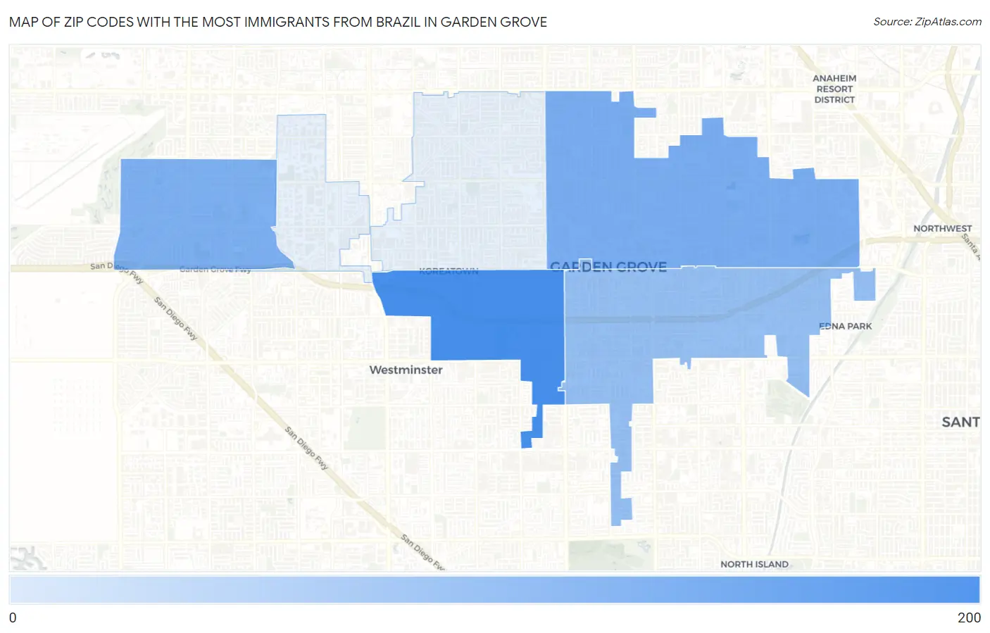 Zip Codes with the Most Immigrants from Brazil in Garden Grove Map
