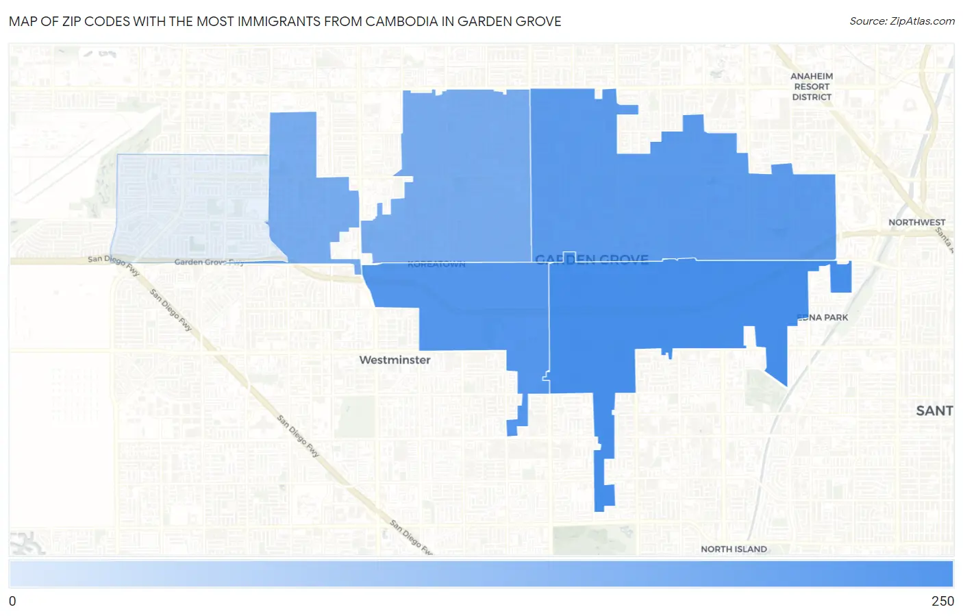 Zip Codes with the Most Immigrants from Cambodia in Garden Grove Map