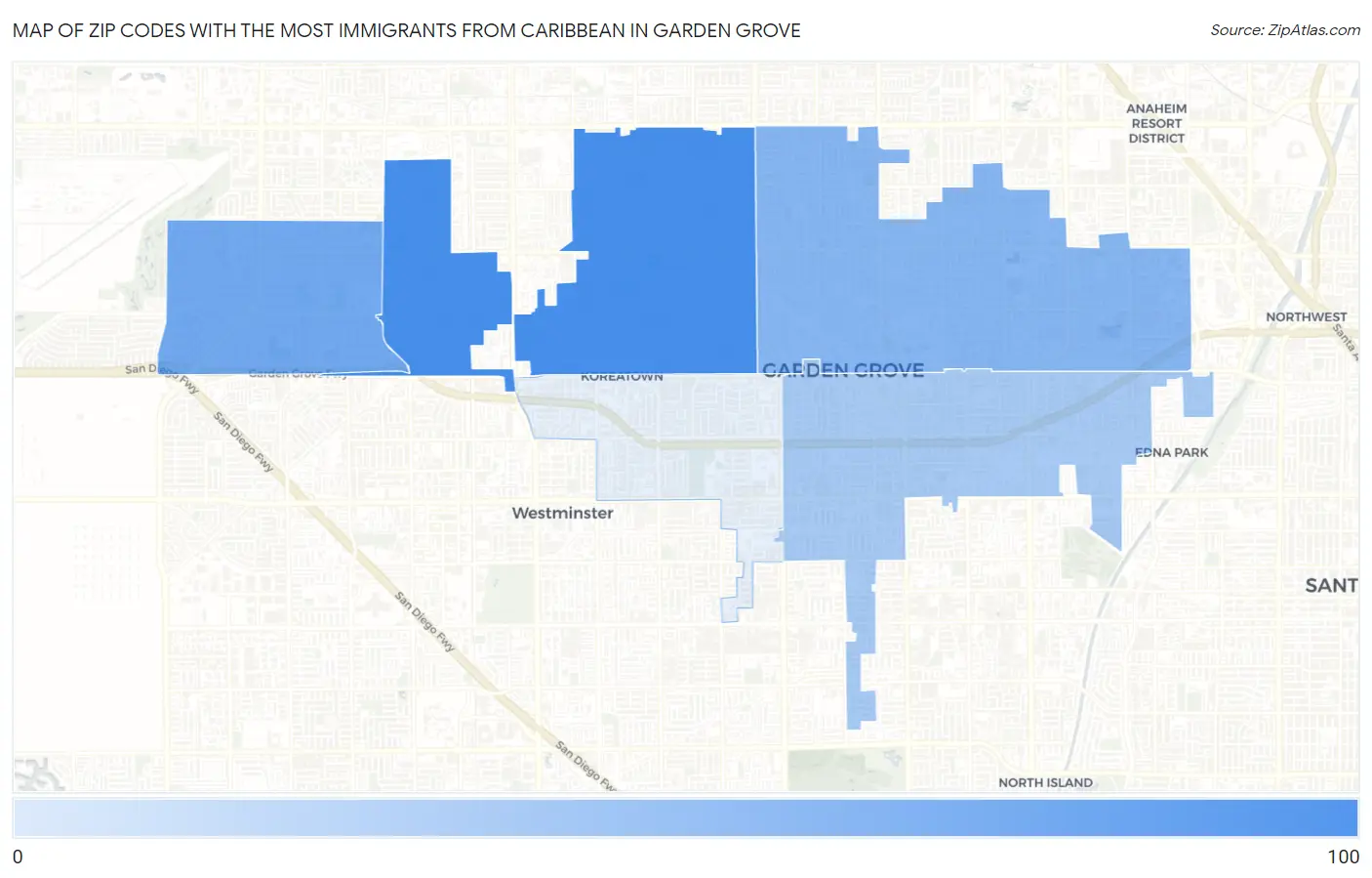 Zip Codes with the Most Immigrants from Caribbean in Garden Grove Map
